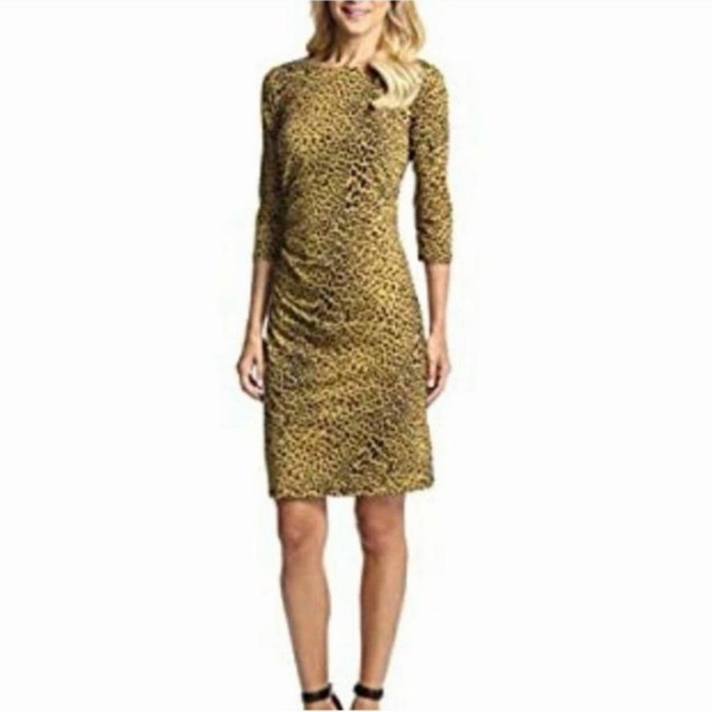 J. McLaughlin Women's XL Sage Dress Leopard Print Catalina‎ Cloth Ruched 3/4 SLV